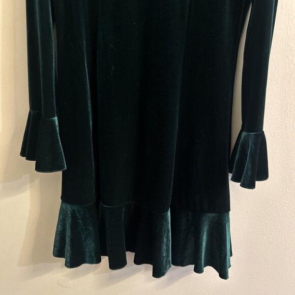 See and Be Seen Green Velvet Dress Small Long Sleeve Flounce Hem - Picture 4 of 7